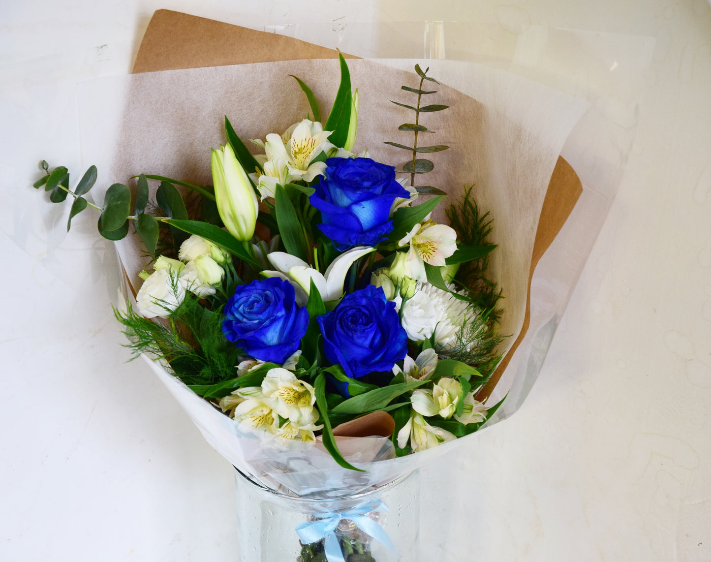 blue roses and white
