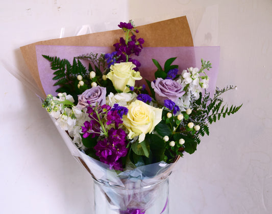 purple and white roses