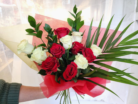 12 red & white roses