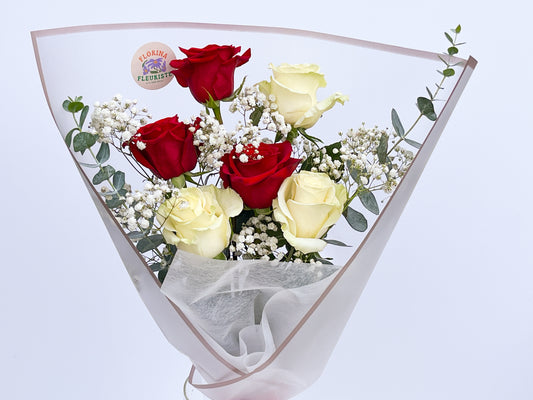 6 red and whtie roses
