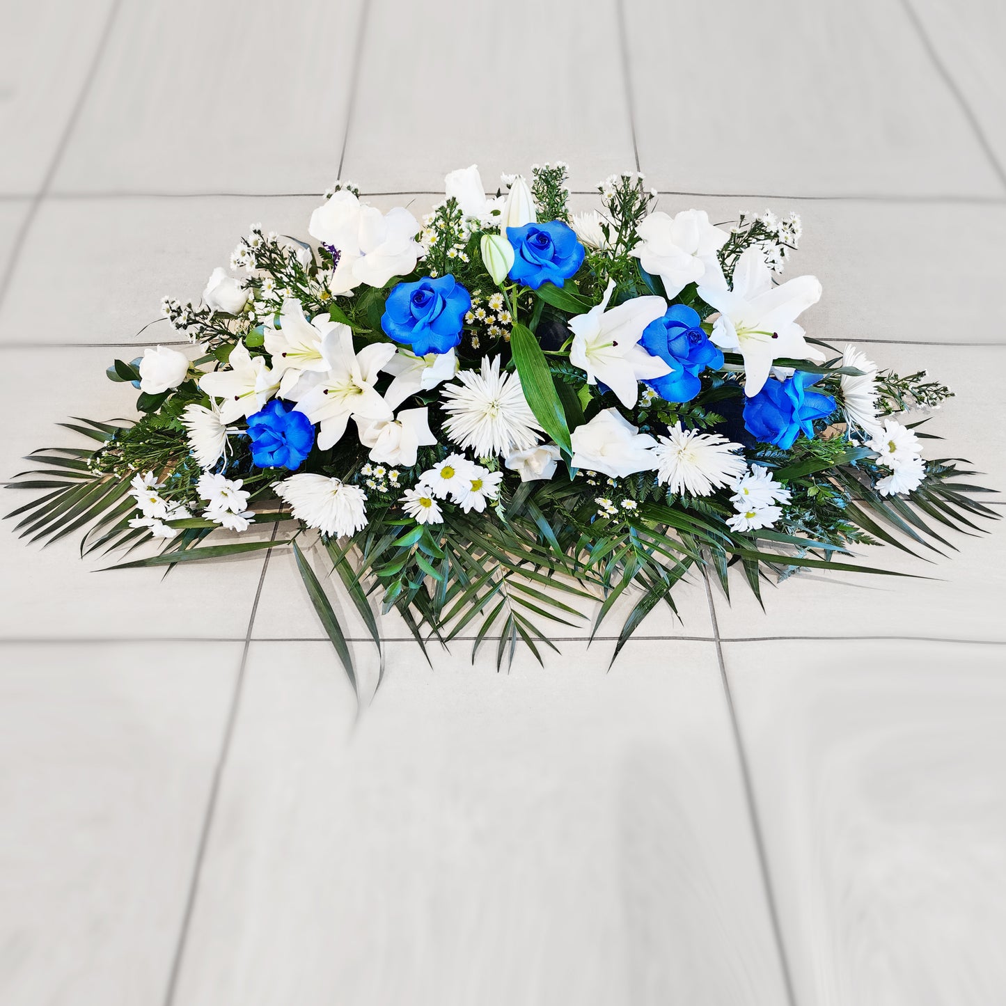 funeral flowers - White and Blue